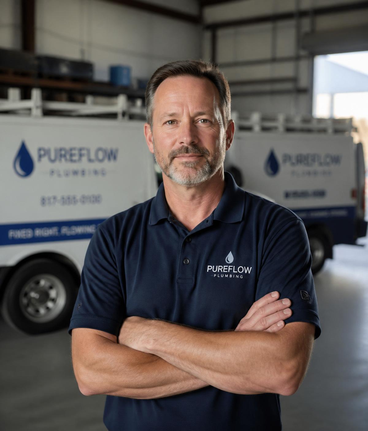 Home service business owner in front of branded service vehicles